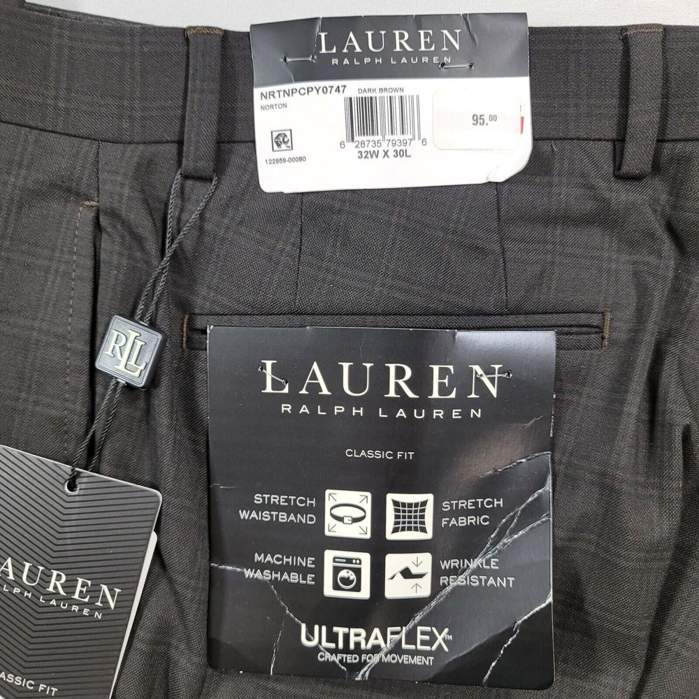 LRL Ralph Lauren Dress Pants Mens 32x32 Dark Brown Check Stretch‎ NEW - Picture 3 of 5